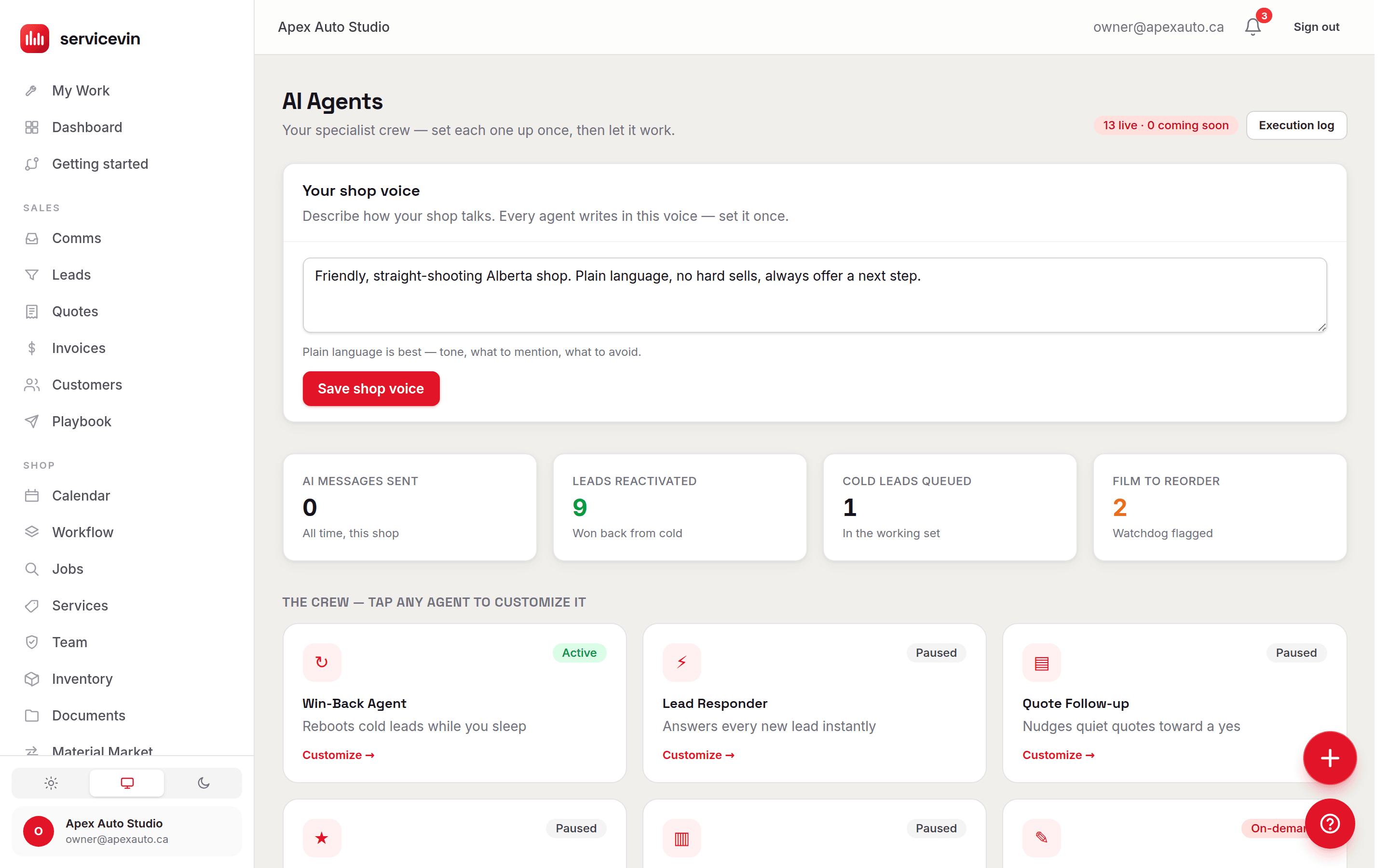 The AI Agents page with assistants that respond to leads, follow up on quotes and request reviews.