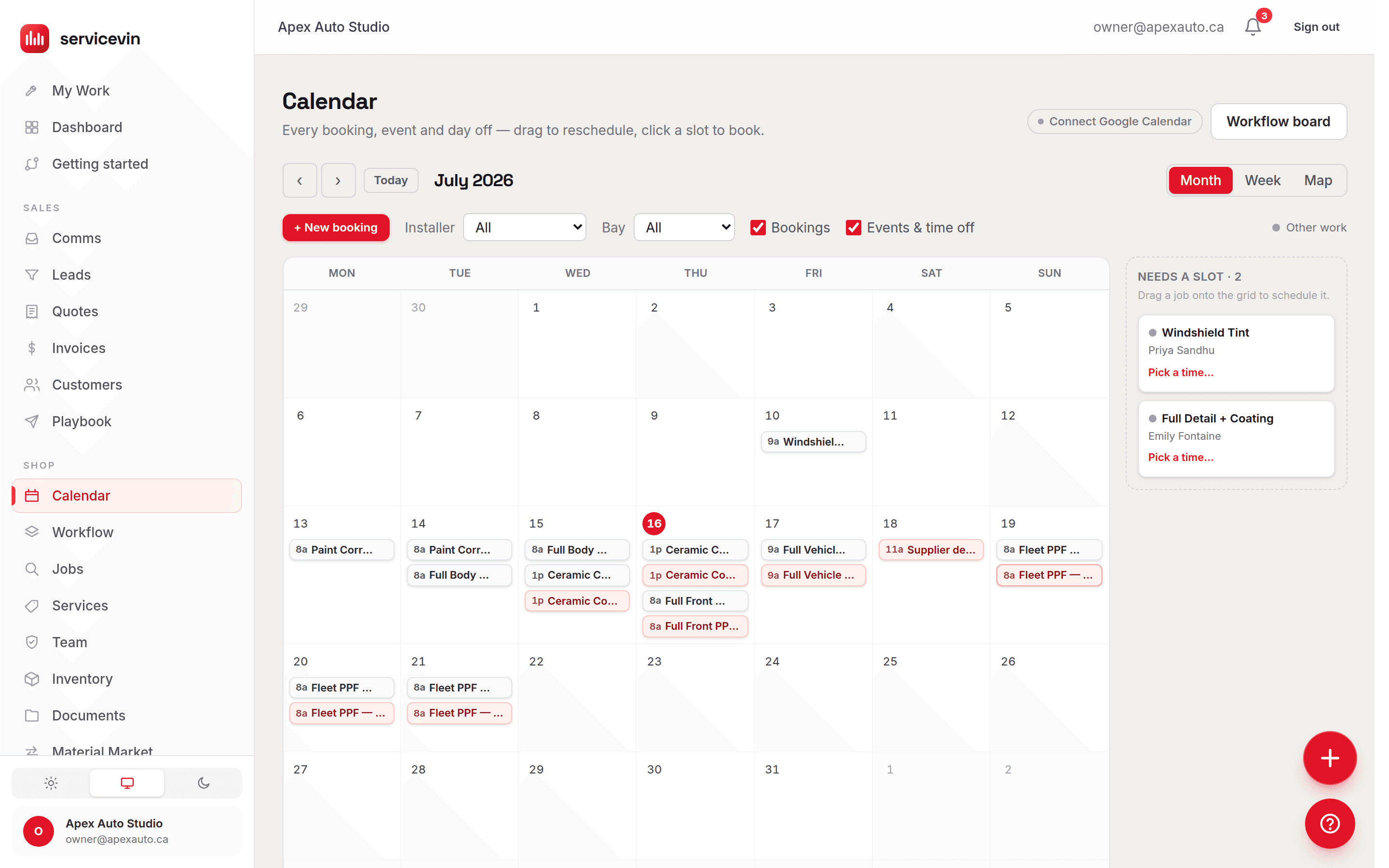 The Service VIN calendar for a mobile detailing business — every van's bookings on one board, with a map view for the route and a queue of jobs that still need a slot.