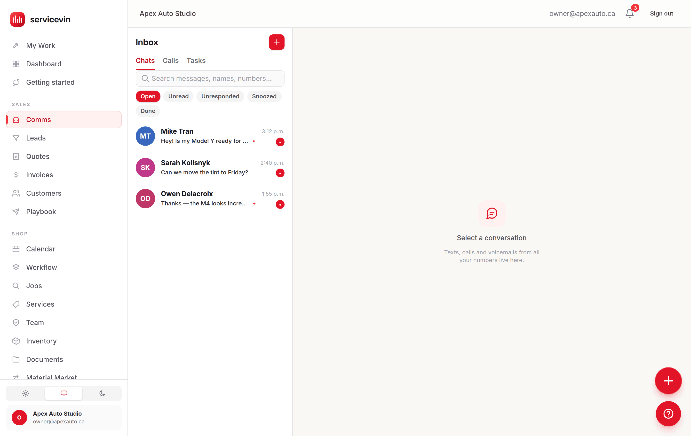 The shared inbox with calls and texts, status tabs and an AI badge for a mobile detailer.