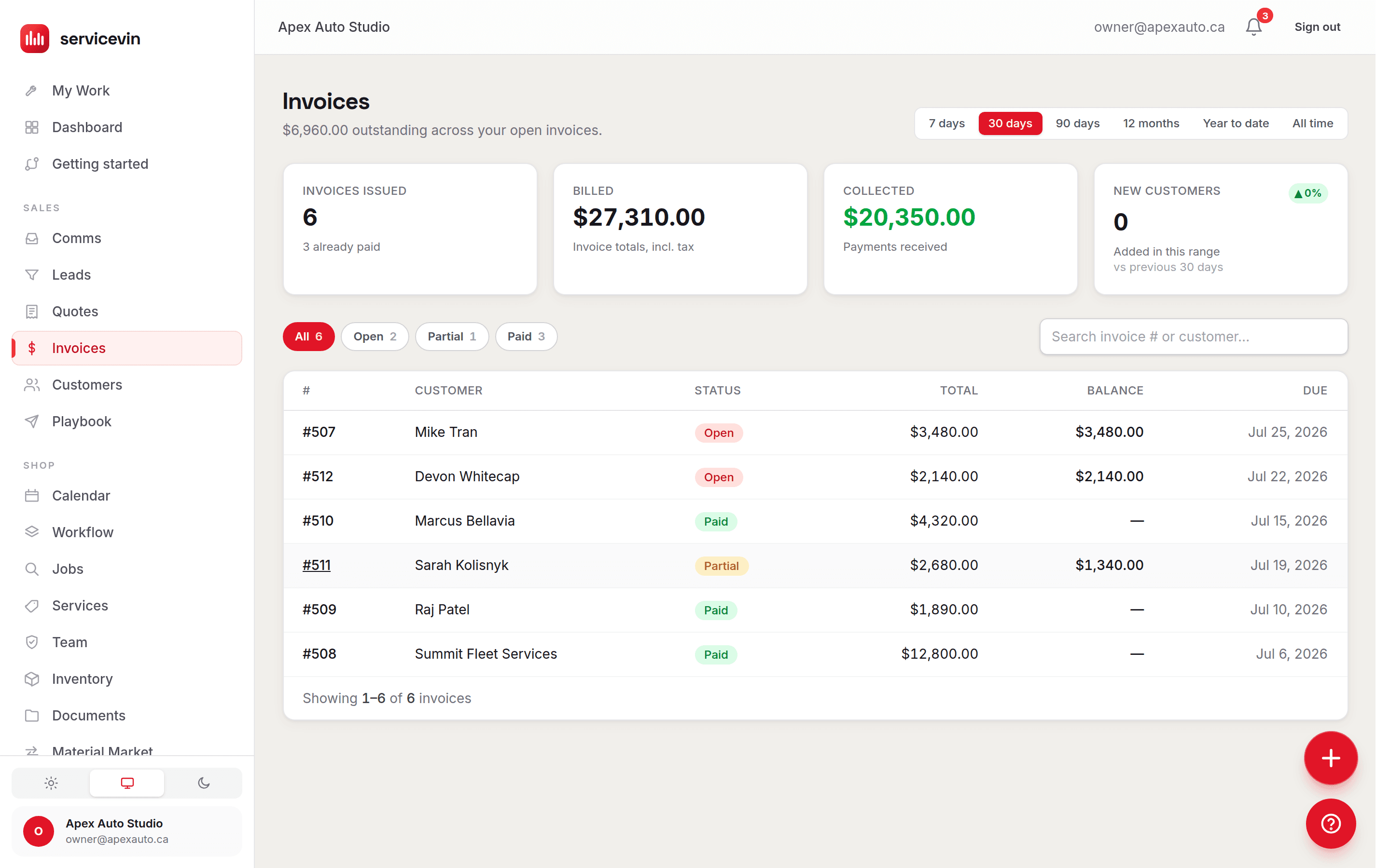 The invoices list showing sent, open and paid invoices for a mobile detailing business.