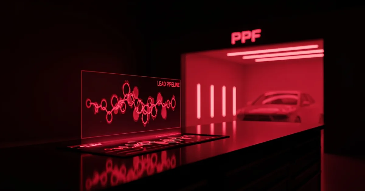 A detailing shop counter with a lead pipeline on screen and a PPF bay behind it, illustrating how shop CRMs are compared.